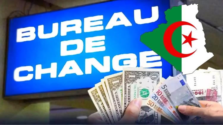 Bureau de change en Algérie avec billets et carte de l'Algérie.