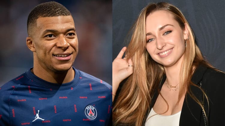 Kylian Mbappé et une femme souriante en portrait rapproché.