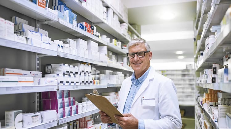 Pharmacien souriant tenant un clipboard dans une pharmacie algérienne.
