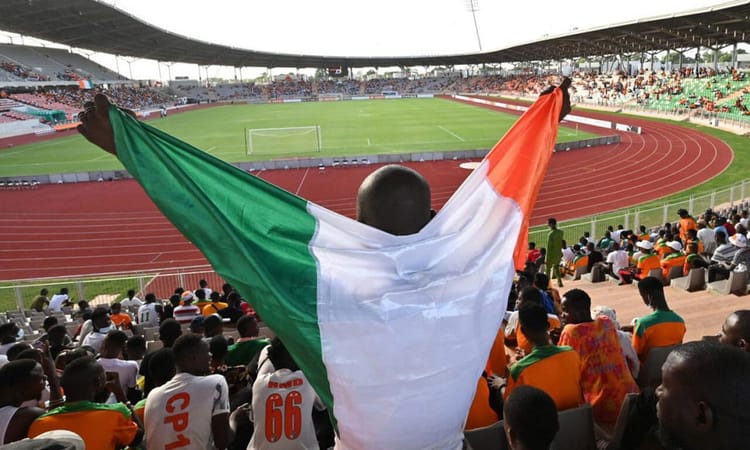 Supporter avec drapeau national lors de la CAN 2023 au stade.