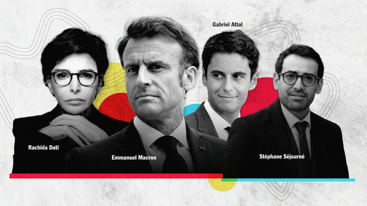Portraits de Rachida Dati, Emmanuel Macron, Stéphane Séjourné et Gabriel Attal.