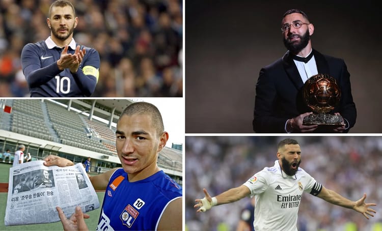 Karim Benzema : La Success Story d'un attaquant d'exception et les Liens Indéfectibles de sa Famille Karim Benzema en action, recevant un prix, lisant un journal, célébrant sur le terrain.