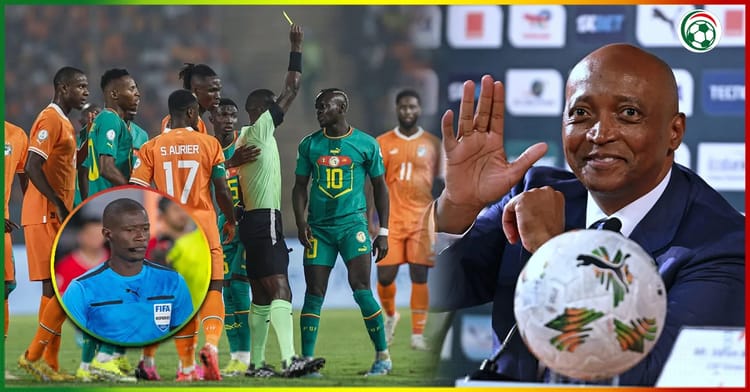 Match de football Côte d'Ivoire vs Sénégal avec entraîneur et arbitre.