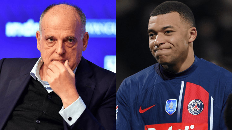 Javier Tebas et Kylian Mbappe lors d'une conférence ou d'un événement sportif.