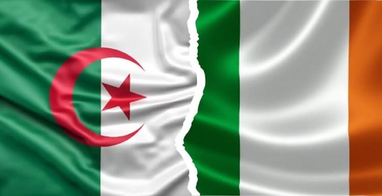 Drapeaux de l'Algérie et de l'Irlande côte à côte, symbolisant la relation diplomatique.