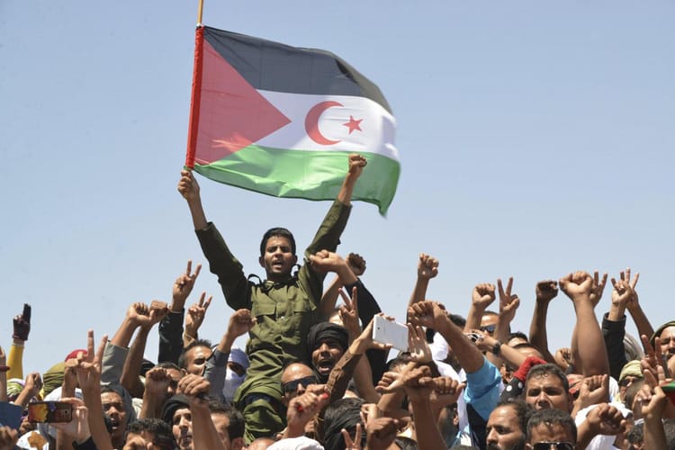 Manifestants algériens avec drapeau du Sahara Occidental.