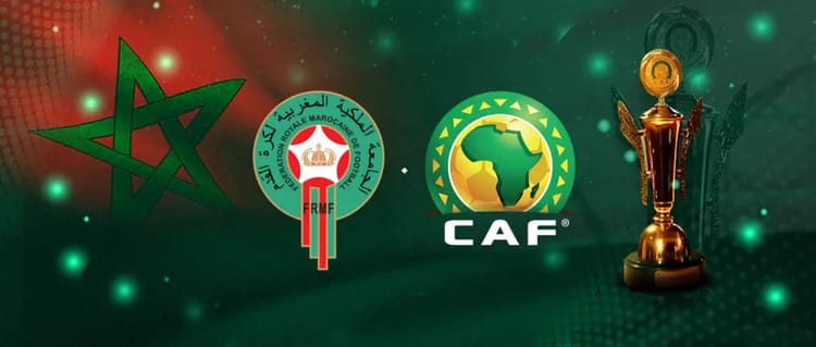 Logos de la CAF, Maroc et trophée de la Coupe d'Afrique des Nations.