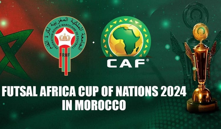 Logos de la CAF et de la Fédération Royale Marocaine de Futsal avec trophée.