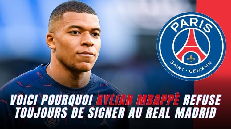 Kylian Mbappé avec le logo du Paris Saint-Germain en arrière-plan.