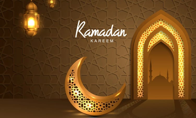 Illustration Ramadan avec lune, mosquée et lanternes dorées.