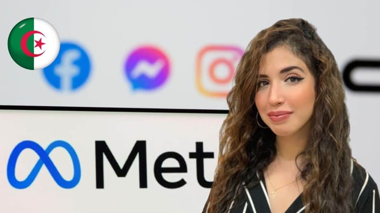 Jeune femme avec cheveux bouclés devant logo Meta et réseaux sociaux.