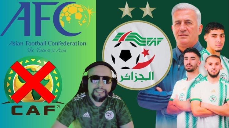 Logo de la CAF et de la FAF avec des joueurs algériens et un officiel.