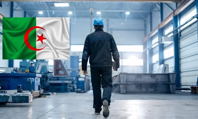 Bonne nouvelle! Le groupe allemand Vulkan en Algérie? Le processus en bonne voie Ouvrier dans une usine en Algérie avec drapeau algérien.