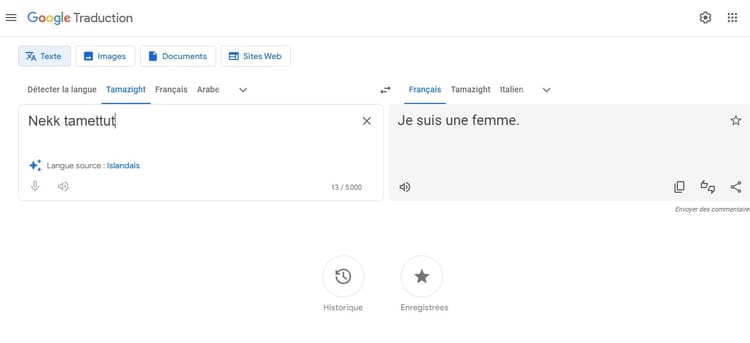Google Traduction ajoute 110 nouvelles langues : focus sur le Tamazight Capture d'écran de Google Traduction avec traduction Tamazight.