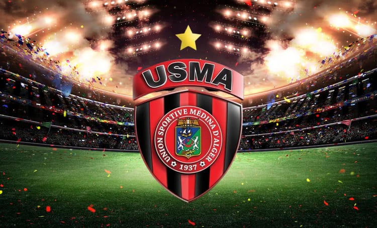 Logo de l'USMA dans un stade avec feux d'artifice et confettis.