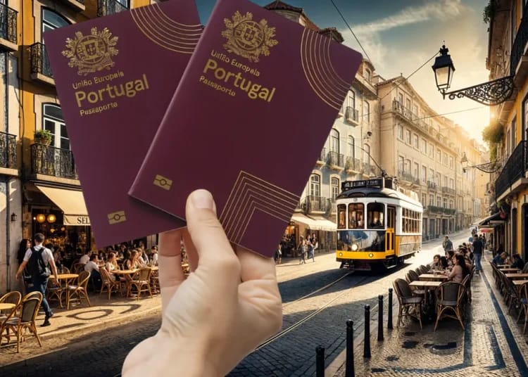 Portugal : Bonne nouvelle ! Un visa doré solidaire prévu en faveur de l’intégration sociale Passeports portugais avec tram à Lisbonne en arrière-plan.