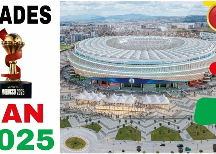 Stade moderne au Maroc pour la CAN 2025 avec drapeau marocain.