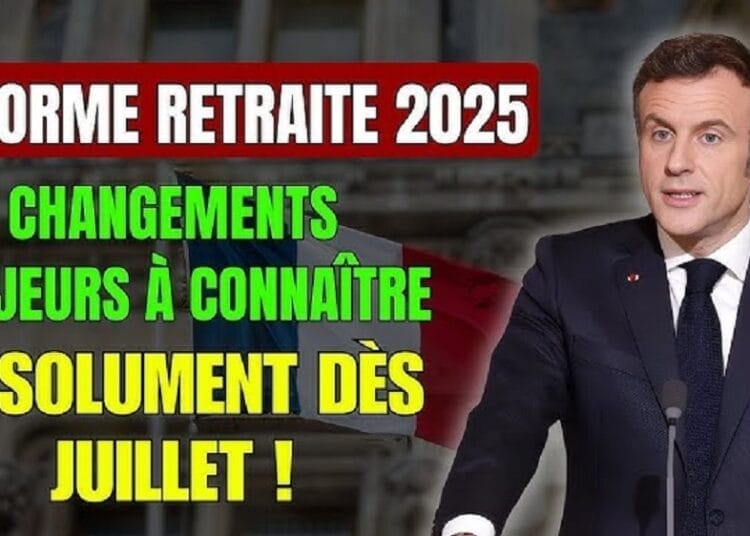 Premier plan d'un homme en costume avec texte sur la réforme des retraites 2025.