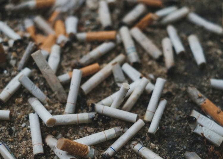 Filtres de cigarettes et mégots sur le sol, pollution et déchets.