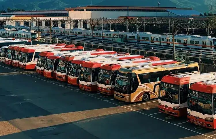 Bus chinois stationnés dans un parking en Algérie.