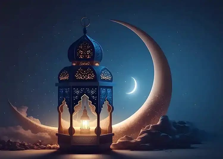 Lune et mosquée illuminée pour Ramadan 2026.