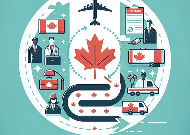 Entrée express Canada : les profils algériens visés en 2026 Processus d'immigration canadienne avec avion et véhicules.