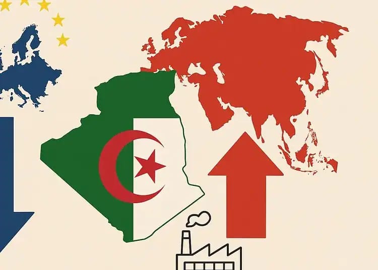 Carte de l'Algérie avec flèches indiquant la croissance et la baisse.