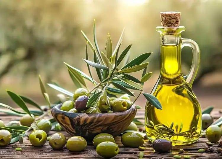 Huile d'olive extra vierge dans une bouteille en verre avec olives.