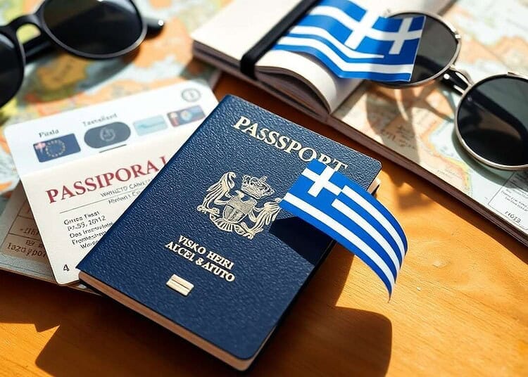 Passeport grec, visa, et accessoires de voyage sur une table en bois.