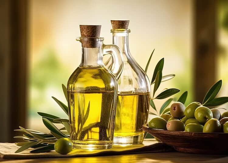 Les mystères de l'huile d'olive algérienne : un potentiel inexploité ? Bouteilles d'huile d'olive avec olives vertes fraîches.