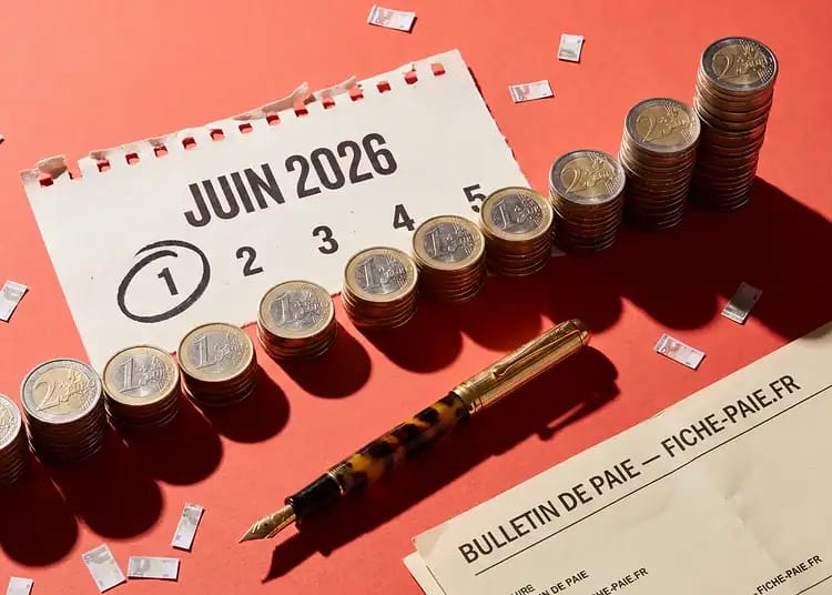 France : hausse du Smic confirmée dès juin 2026 Pièces de monnaie empilées avec calendrier juin 2026 et fiche de paie.
