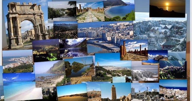 Collection de paysages du Maghreb avec montagnes, mer et sites historiques.