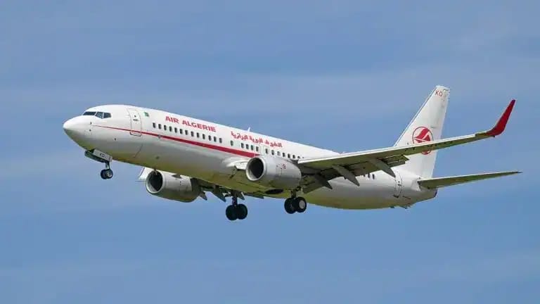 Avion d'Air Algérie en vol dans le ciel bleu.