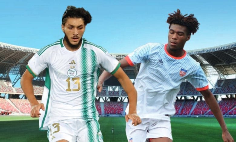 CAN 2025 : L'Algérie écrase le Libéria par une victoire 5-1 Deux joueurs de football en action lors d'un match international.