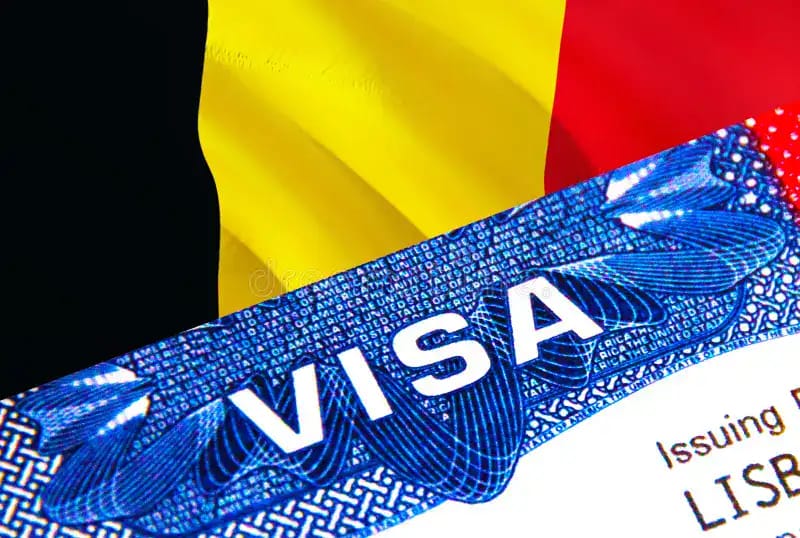 Visa Schengen avec drapeau belge en arrière-plan.